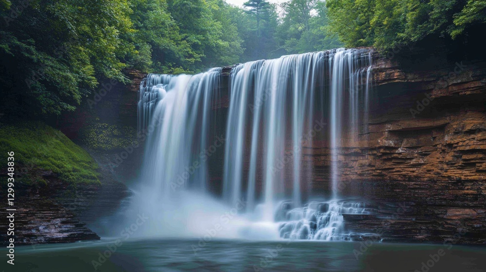 Fototapeta premium Serene Waterfall Cascading Through Lush Greenery in Nature Landscape