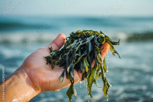 Hand holding fresh seaweed against ocean backdrop, shimmering dr