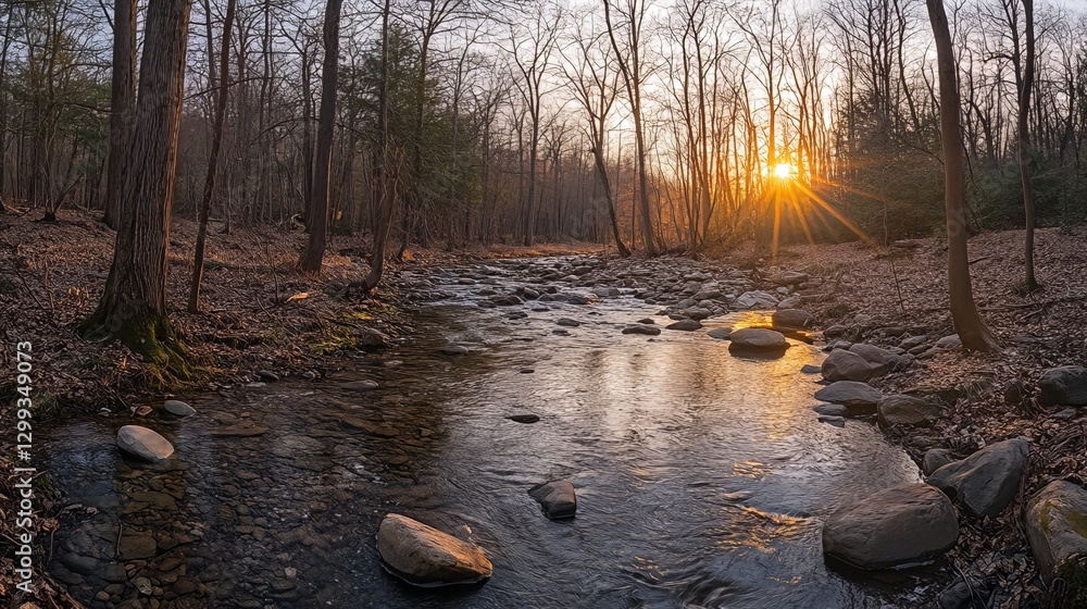 Obraz premium Sunset reflections over stream forest landscape nature photography tranquil environment serene view