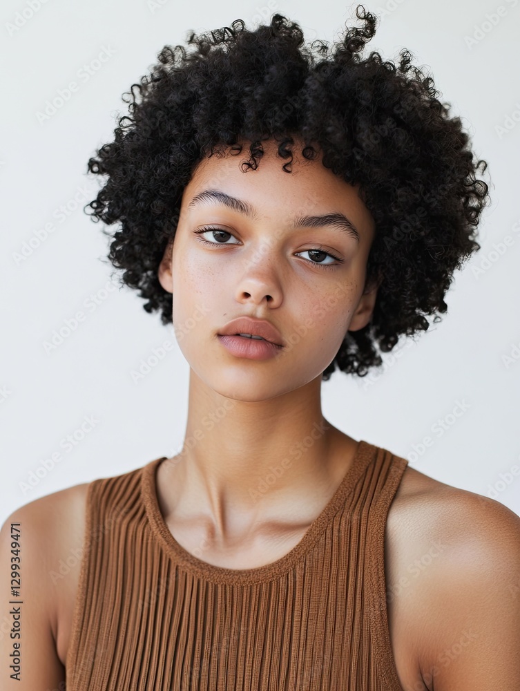Natural beauty shines through soft curls and minimal makeup in t Natural beauty shines through soft curls and minimal makeup in t