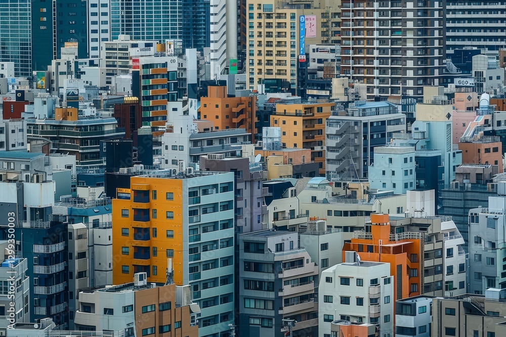 Obraz premium Tokyo Skyline: Dense Urban Fabric, A Birds Eye View, Explore the sense of scale and depth in Tokyo's skyline, capturing the layers of buildings stretching into the distance