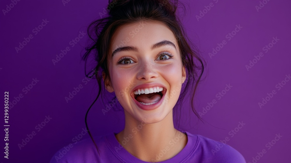 Bright smile and joyful expression of a young woman in a vibrant purple setting Bright smile and joyful expression of a young woman in a vibrant purple setting