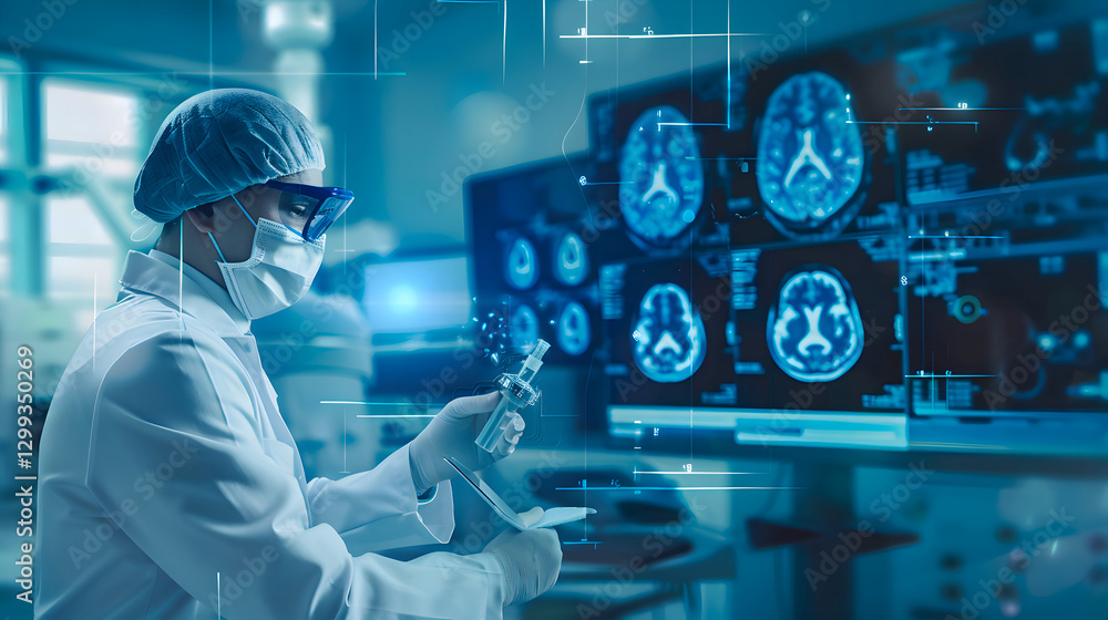 Scientist examining brain scans medical research lab technology, Scientist examining brain scans medical research lab technology,