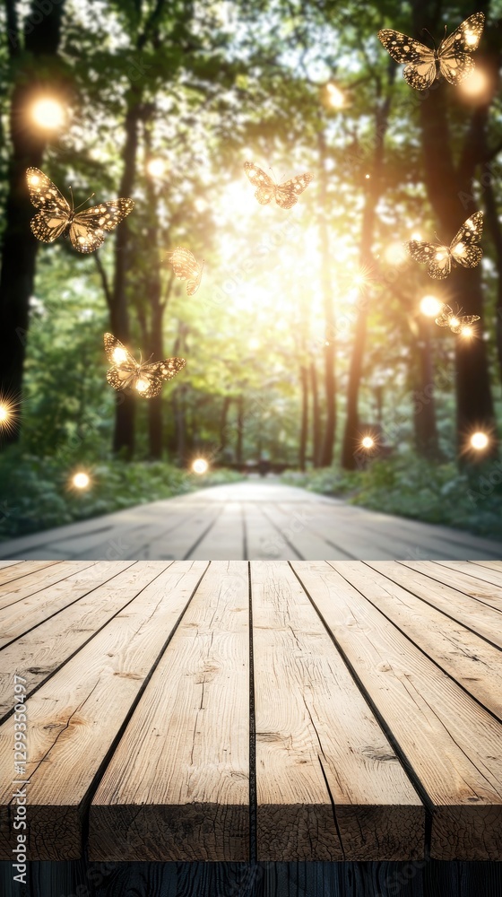 Magical forest path, glowing butterflies, sunlight, wooden table, product display Magical forest path, glowing butterflies, sunlight, wooden table, product display