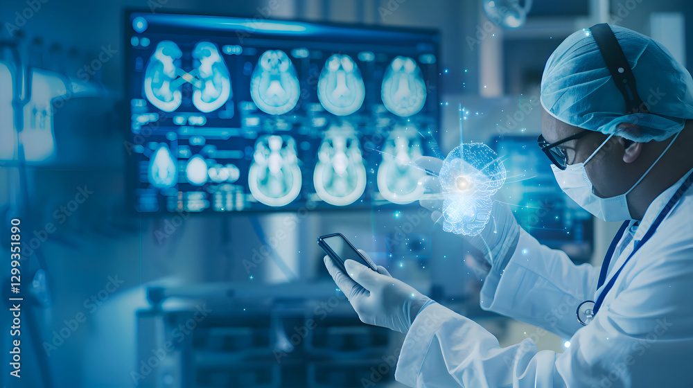Doctor using phone analyzes brain scan medical technology digital healthcare Doctor using phone analyzes brain scan medical technology digital healthcare