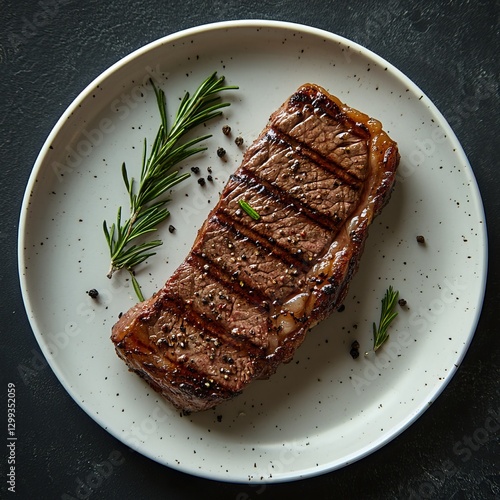 Perfectly Grilled Steak on a Plate: A beautifully seared steak rests on a pristine white plate, garnished with fresh rosemary sprigs and a sprinkle of peppercorns.