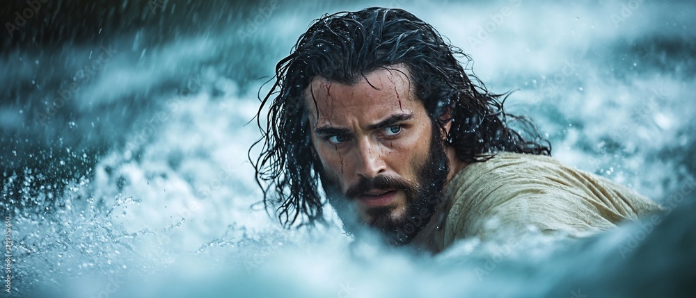 Fototapeta premium Man in light robe wading through rough water; rain falling in background