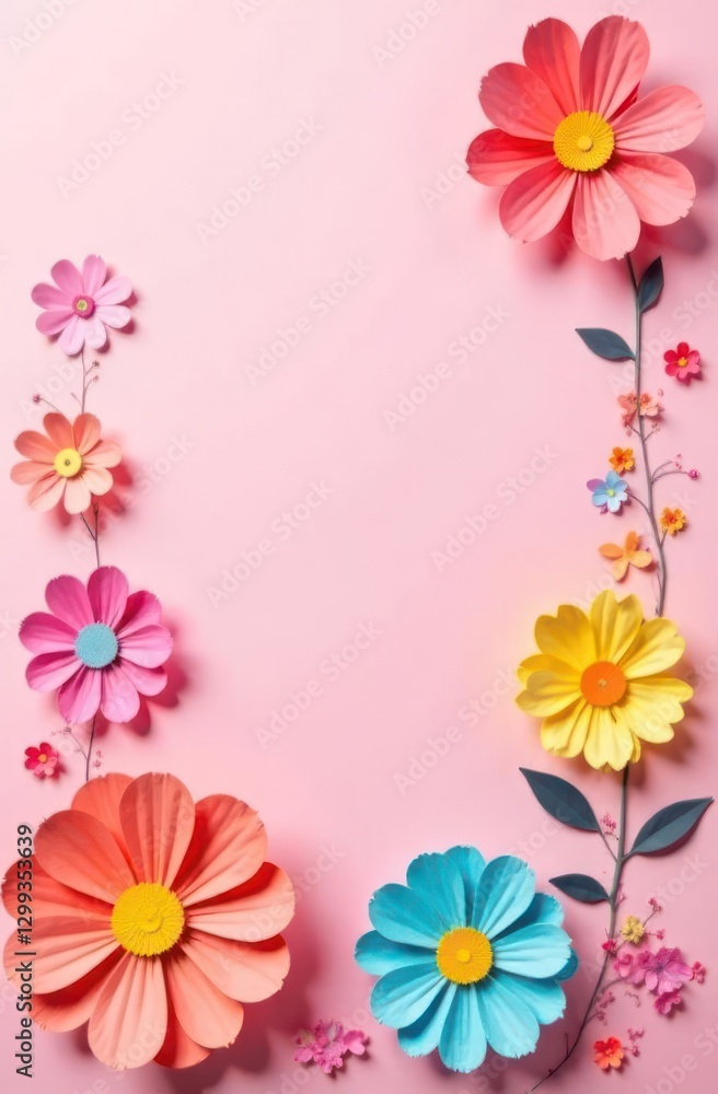 colorful paper flowers arranged on pink background with copy space for text. vibrant floral design for spring celebrations. greeting card, invitation, mother's day poster. colorful paper flowers arranged on pink background with copy space for text. vibrant floral design for spring celebrations. greeting card, invitation, mother's day poster.