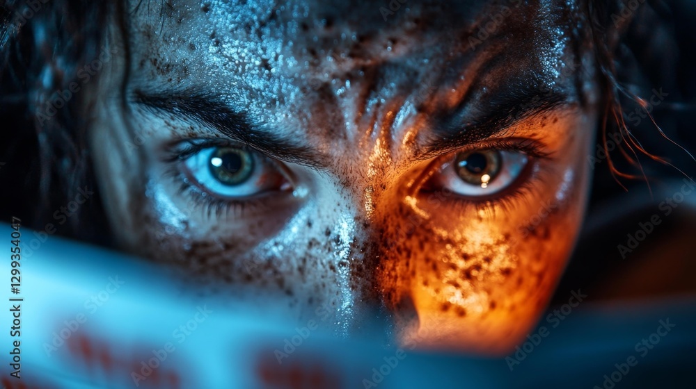 A person staring intensely at a glowing screen surrounded by digital numbers and data while sweating. Generative AI A person staring intensely at a glowing screen surrounded by digital numbers and data while sweating. Generative AI