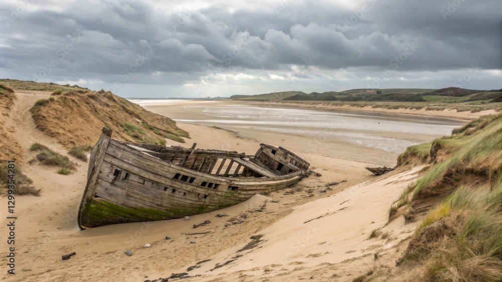 Wooden Shipwreck on Sandy Beach Under Dramatic Sky, Landscape Photography, Coastal Scene, Seascape Shipwreck, Coastal Wooden Shipwreck on Sandy Beach Under Dramatic Sky, Landscape Photography, Coastal Scene, Seascape Shipwreck, Coastal