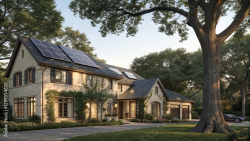 Wallpaper Mural Sustainable Stone House Architectural 3D Rendering, Solar Panels, Evening Light, Green Landscape, Eco-Friendly Home keywords Solar power, eco-architecture Torontodigital.ca