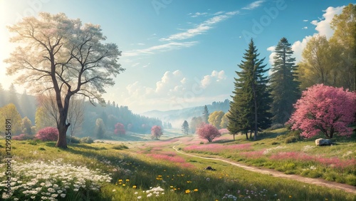 Sunlit Spring Meadow Landsc...