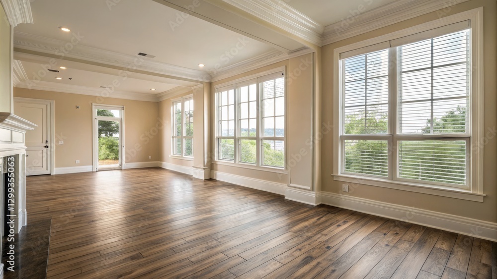 Obraz premium Spacious Living Room with Hardwood Floors and Crown Molding, Large Windows, Natural Light, Interior Design, Home Decor Interior Design, Hardwood Floors