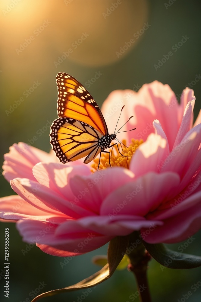 Monarch butterfly on a pink flower with warm sunlight and blurred background
Monarch butterfly on a pink flower with warm sunlight and blurred background