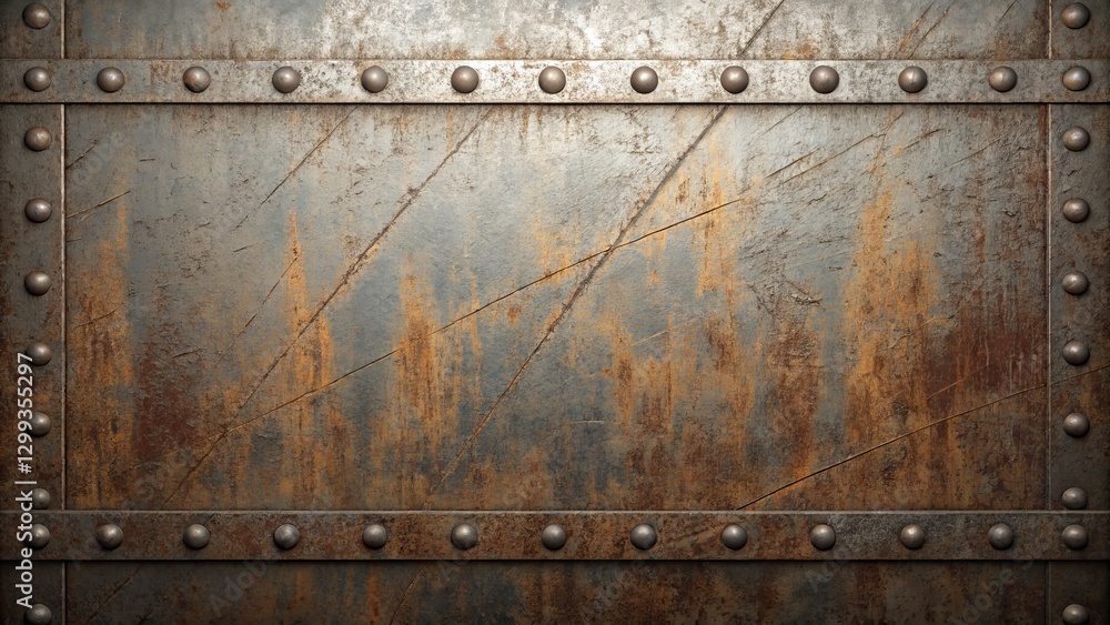 Fototapeta premium Rusty Metal Plate Texture Industrial Design with Rivets, Scratched Surface, Brown and Gray Tones Metal Texture, Industrial Background