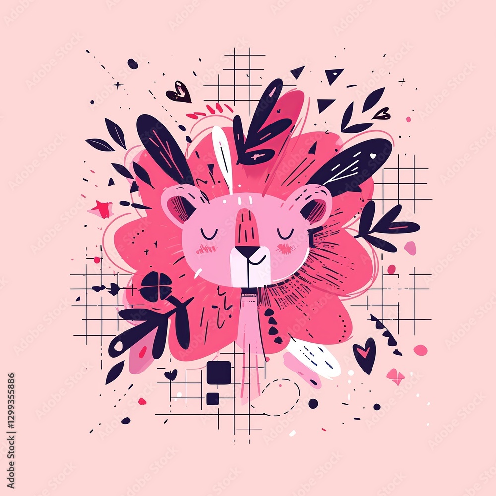 Fototapeta premium Whimsical Hand-Drawn Lion in Abstract Floral Style – Playful Vector Illustration