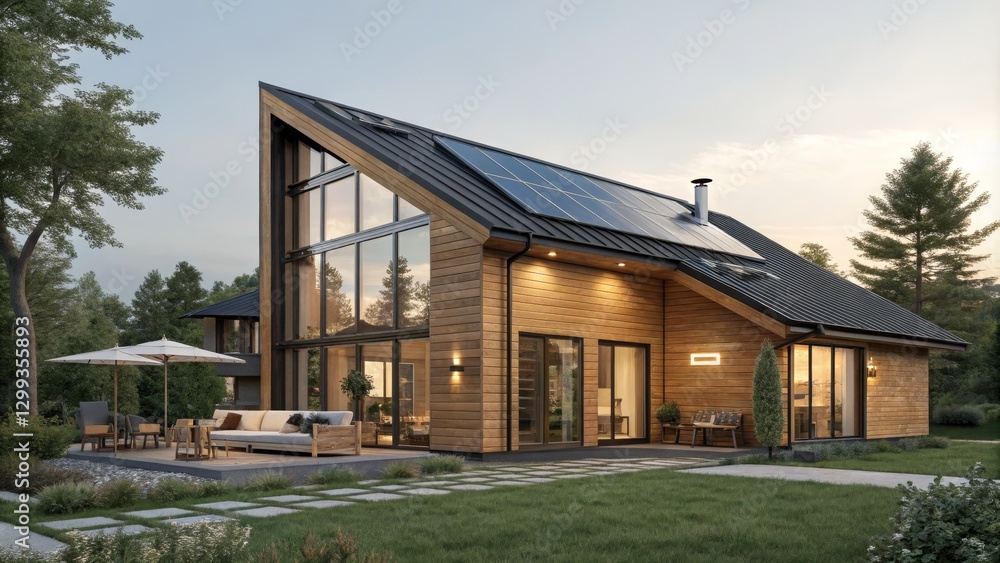 Modern A-Frame Solar Home Evening Exterior Composition, 3D Render, Sustainable Design. eco house, solar panel Modern A-Frame Solar Home Evening Exterior Composition, 3D Render, Sustainable Design. eco house, solar panel