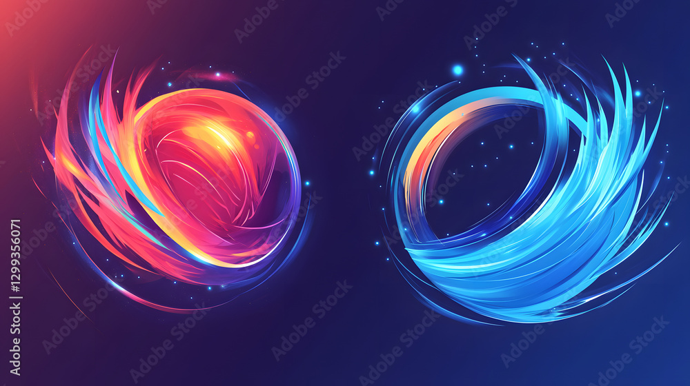 Naklejka premium An abstract logo of red and blue light waves colliding in the center with futuristic elements and background 