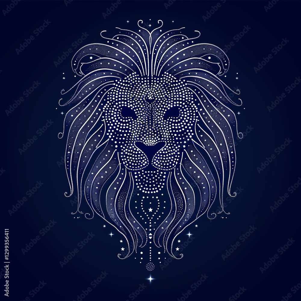 Fototapeta premium Glittering Silver Dotted Lion – Majestic Cosmic Lion Head Illustration on Dark Background
