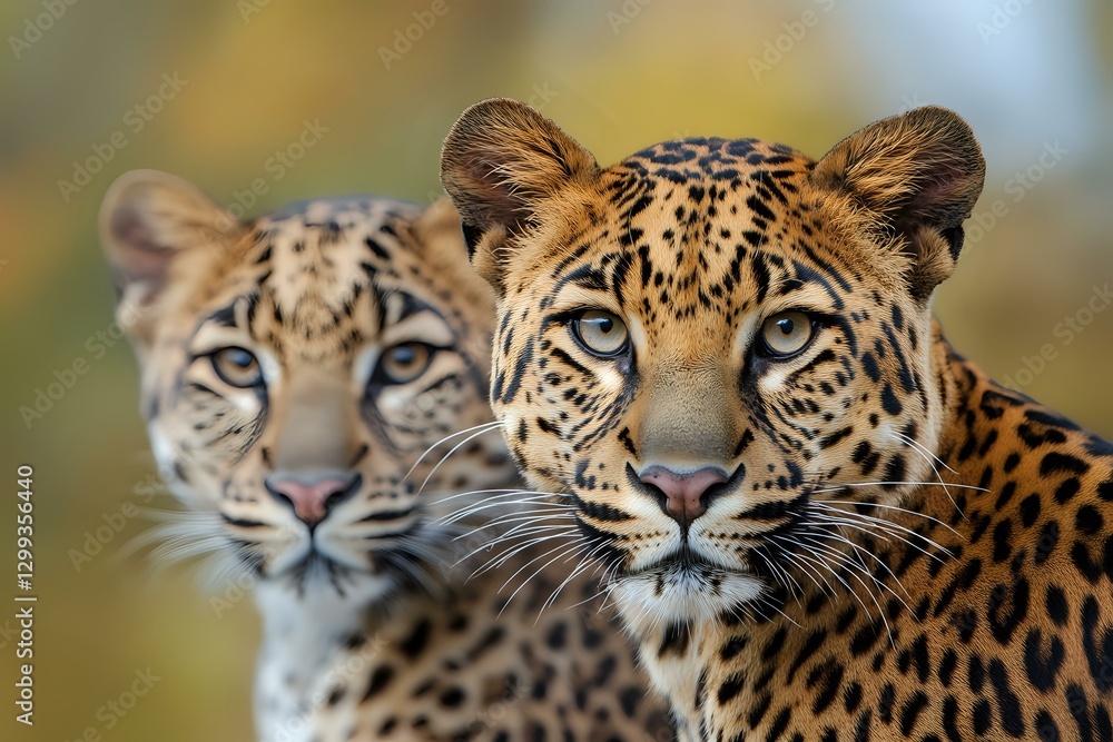 Obraz premium Close up portrait of two majestic leopards with piercing blue eyes and spotted fur patterns against blurred natural background, showing wild feline predators in nature.