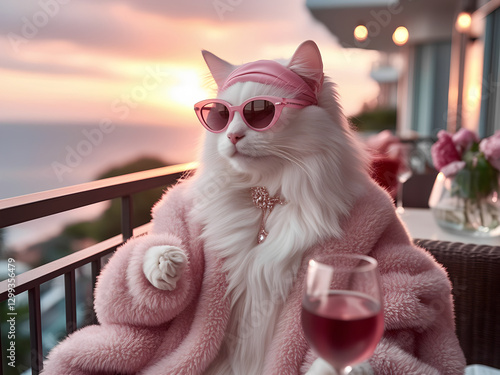 white cat sits on veranda at sunset and drinks wine