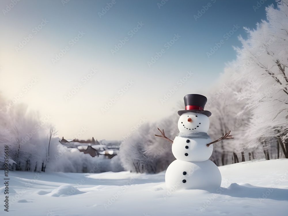 Obraz premium Winter Wonderland Snowman Amidst Wintry Landscape Featuring Copy Space Banner A Perfect Winter Concept Photo