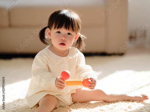 close-up portrait 3 year old asian girl playing with toy sitting on carpet,