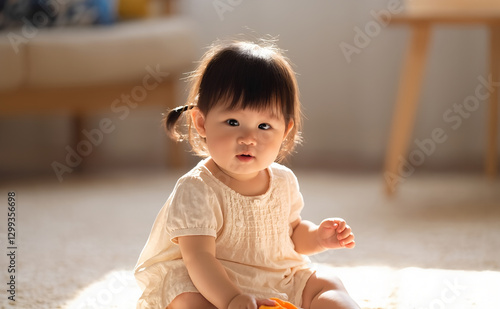 close-up portrait 3 year old asian girl looking at camera