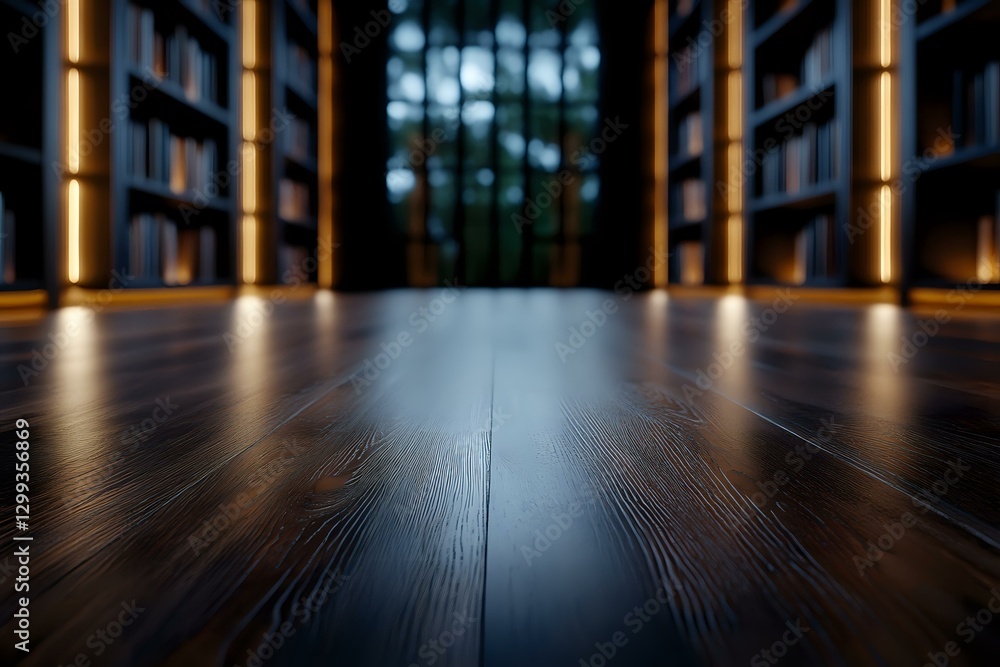 Dark wooden floor with blurred bookshelves and warm lighting in modern library interior, low angle perspective creating dramatic depth and atmosphere. Dark wooden floor with blurred bookshelves and warm lighting in modern library interior, low angle perspective creating dramatic depth and atmosphere.
