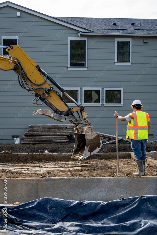 Fototapeta premium Construction worker in safety vest and hardhat working on new home foundation with excavator bucket scoop, job site for new housing development 