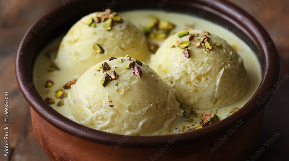 Creamy Indian kulfi dessert flavored cardamom and pistachios served in a clay pot Creamy Indian kulfi dessert flavored cardamom and pistachios served in a clay pot