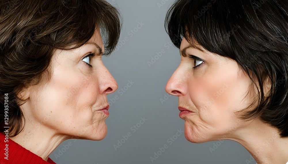 Two middle-aged Caucasian women with dark hair in profile view facing each other with confrontational expressions, wearing red and black tops against gray background. Two middle-aged Caucasian women with dark hair in profile view facing each other with confrontational expressions, wearing red and black tops against gray background.