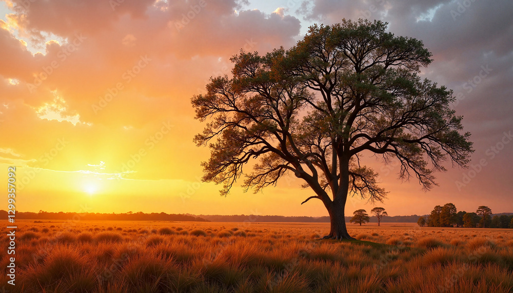 Lone tree silhouetted by warm sunset light in open field, solitude. Lone tree silhouetted by warm sunset light in open field, solitude.