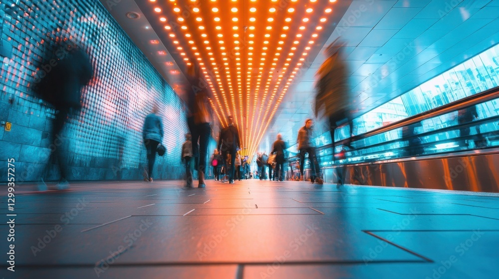 A vibrant, blurred image captures the energy of people rushing through a modern, brightly lit walkway. The dynamic motion and warm lighting create a sense of urban movement. A vibrant, blurred image captures the energy of people rushing through a modern, brightly lit walkway. The dynamic motion and warm lighting create a sense of urban movement.