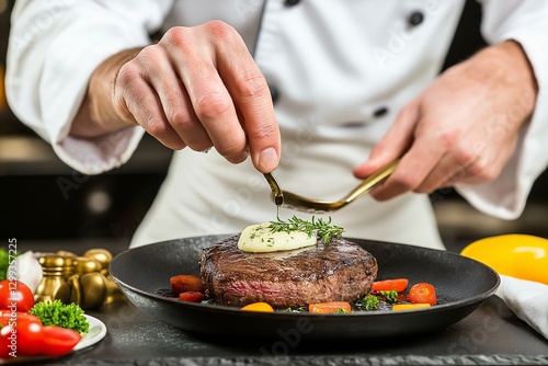 Chef decorates skillet steak with herbs and sauce, creating appealing gourmet dish. Concept focuses on skillet steak presentation, highlighting culinary art and expertise