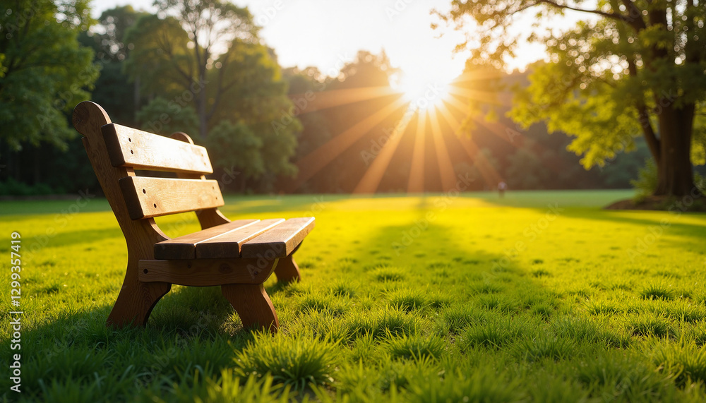 Naklejka premium Serene wooden bench basking in strong morning sun on green lawn, tranquility