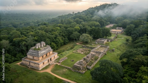 Wallpaper Mural Aerial View of Becan Mayan Ruins at Sunrise Drone Shot Composition, Lush Jungle Setting, Ancient Architecture, Becan, Mayan Ruins Mayan, Drone Photography Torontodigital.ca