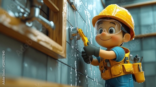 Cartoon plumber fixing leak in tiled bathroom