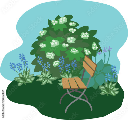 Vector illustration of a garden with blooming hydrangea and a folding garden chair.