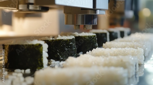 Automated Sushi Making: Close-up of Rice and Nori being Pressed by a Machine