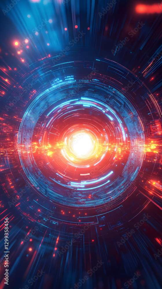 Obraz premium An abstract logo of red and blue light waves colliding in the center with futuristic elements and background 