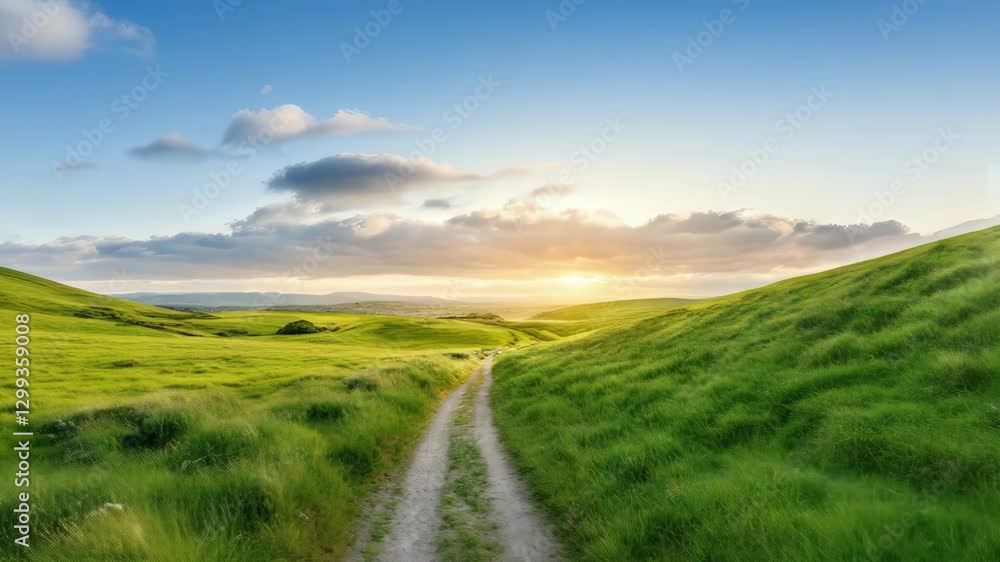 Aerial view of traffic on a green field and road at dawn. First-person flight, camera moving forward. For travel, nature, and transportation projects. Aerial view of traffic on a green field and road at dawn. First-person flight, camera moving forward. For travel, nature, and transportation projects.