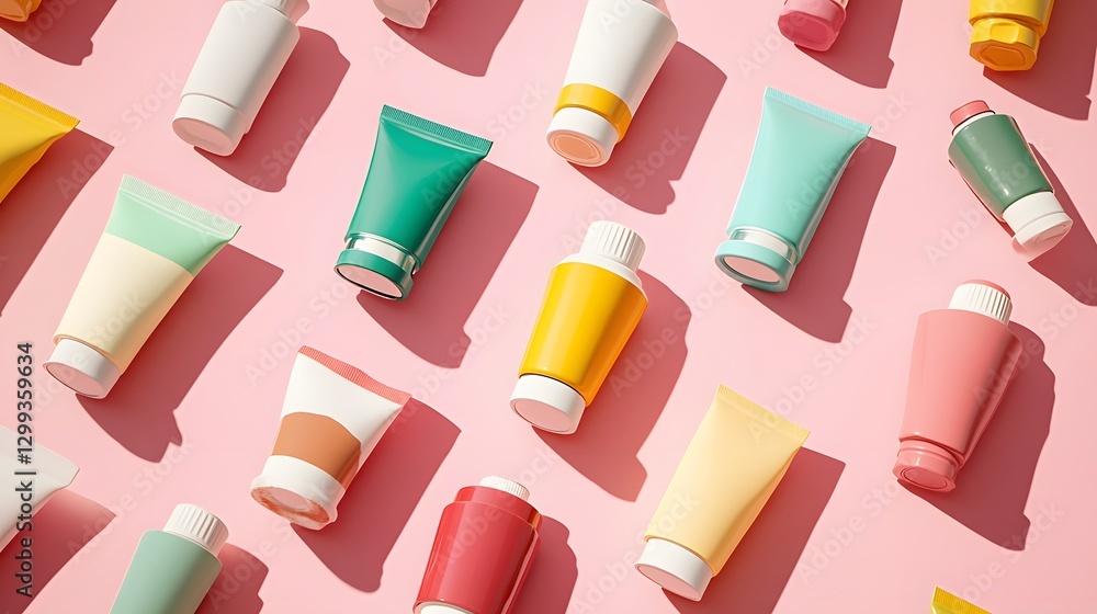 Pastel Colored Cosmetic Tubes and Bottles on Pink Background Pastel Colored Cosmetic Tubes and Bottles on Pink Background
