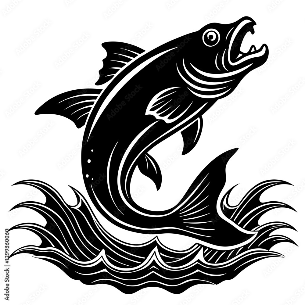 Leaping Fish with Water Splash – Black and White Fishing Vector Illustration
Leaping Fish with Water Splash – Black and White Fishing Vector Illustration