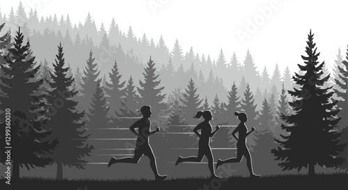 Family running in a forest, silhouettes. Run, side view. Silhouettes of a family running in a forest. Multilayer SVG file without gaps between paths.
