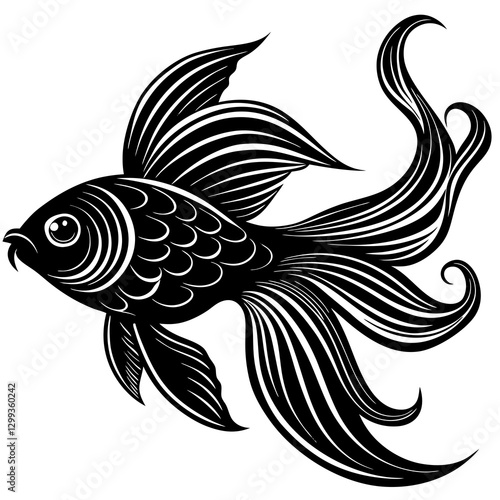 Elegant Goldfish with Flowing Fins – Black and White Ornamental Vector

