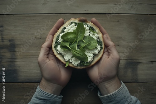 Hands holding spinach and ricotta pizza garnished with fresh spinach leaves. Concept highlights spinach and ricotta pizza, showcasing its delicious and vibrant presentation photo