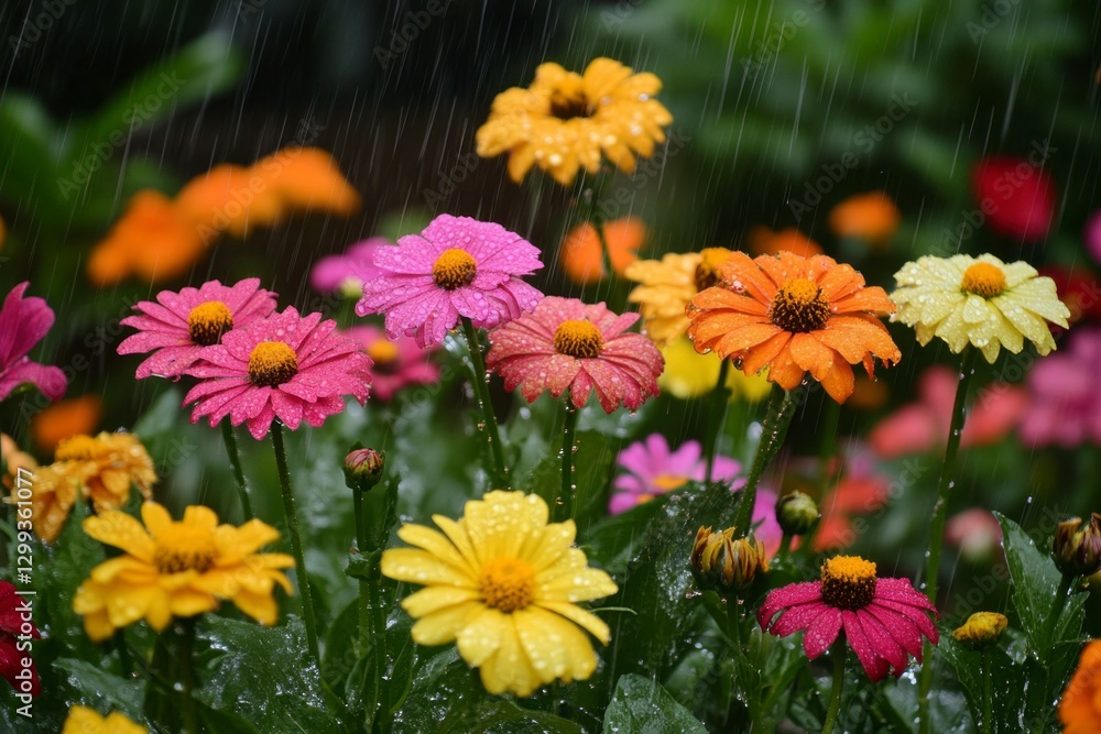 Raindrops on a Vibrant Flowerbed: Colorful Blossoms in a Spring Shower Raindrops on a Vibrant Flowerbed: Colorful Blossoms in a Spring Shower