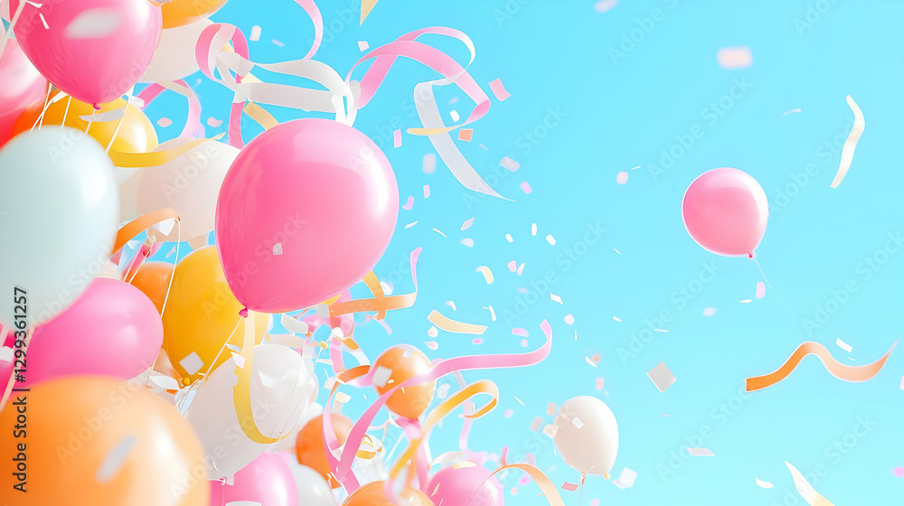 Fototapeta premium Colorful Balloons and Streamers Against Clear Blue Sky Background