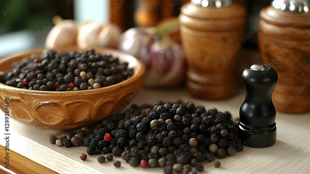 Peppercorns spilling from bowl onto kitchen counter Peppercorns spilling from bowl onto kitchen counter